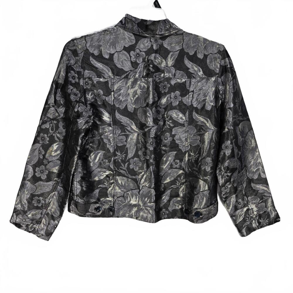 Chico's Metallic Floral Silk Blend Jacquard Jacket Size 1 Silver Black Evening - Picture 2 of 7
